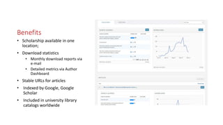 Benefits
• Scholarship available in one
location;
• Download statistics
• Monthly download reports via
e-mail
• Detailed metrics via Author
Dashboard
• Stable URLs for articles
• Indexed by Google, Google
Scholar
• Included in university library
catalogs worldwide
 