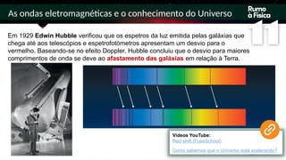 As ondas eletromagnéticas e o conhecimento do Universo
Em 1929 Edwin Hubble verificou que os espetros da luz emitida pelas galáxias que
chega até aos telescópios e espetrofotómetros apresentam um desvio para o
vermelho. Baseando-se no efeito Doppler, Hubble concluiu que o desvio para maiores
comprimentos de onda se deve ao afastamento das galáxias em relação à Terra.
Vídeos YouTube:
Red shift (FuseSchool)
Como sabemos que o Universo está acelerando?
 
