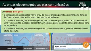As ondas eletromagnéticas e as comunicações
Em termos biológicos:
 a transparência às radiações visível e UV de menor energia permite a ocorrência na Terra de
fenómenos essenciais à vida, como é o caso da fotossíntese.
 a opacidade às radiações mais energéticas, tais como raios gama, raios X e UV, é essencial,
uma vez que estas radiações apresentam um elevado poder ionizante, sendo prejudiciais para
os seres vivos.
 a opacidade às radiações menos energéticas, como o infravermelho, permite a ocorrência do
efeito de estufa.
Vídeo YouTube:
Tour do Espectro Eletromagnético (NASA)
 