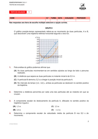 DOSSIÊDOPROFESSOR FÍSICA 11
TESTES DE AVALIAÇÃO
© Areal Editores
2
TESTE DE AVALIAÇÃO 1
NOME N.º TURMA DATA AVALIAÇÃO PROFESSOR
Nas respostas aos itens de escolha múltipla selecione a opção correta.
GRUPO I
O gráfico posição-tempo representado refere-se ao movimento de duas partículas, A e B,
que descrevem uma trajetória retilínea horizontal segundo o eixo Ox.
1. Pela análise do gráfico podemos afirmar que:
(A) As duas partículas movimentam-se em sentidos opostos ao longo de todo o percurso
realizado.
(B) A distância que separa as duas partículas no instante inicial é de 0,5 m.
(C) A partícula B demorou 3,2 s a chegar à posição inicial da partícula A.
(D) No intervalo de tempo [3,0 ; 8,0] s, ambas as partículas se deslocam no sentido positivo
da trajetória.
2. Determine a distância percorrida por cada uma das partículas até ao instante em que se
cruzam.
3. A componente escalar do deslocamento da partícula A, efetuado no sentido positivo da
trajetória é igual a:
(A) 1,5 m (C) 2,5 m
(B) 2,0 m (D) −1,5 m
4. Determine a componente escalar da velocidade média da partícula B nos 8,0 s de
movimento.
 