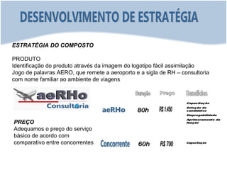 ESTRATÉGIA DO COMPOSTO

PRODUTO
Identificação do produto através da imagem do logotipo fácil assimilação
Jogo de palavras AERO, que remete a aeroporto e a sigla de RH – consultoria
com nome familiar ao ambiente de viagens




PREÇO
Adequamos o preço do serviço
básico de acordo com
comparativo entre concorrentes
 