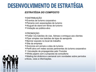ESTRATÉGIA DO COMPOSTO

DISTRIBUIÇÃO
Eventos de turismo corporativo
Parceria com associações de turismo
Aluguel de stand em feiras de turismo
Visitação ao público-alvo

PROMOÇÃO
Folder nos balcões de cias. Aéreas e entregue aos clientes
Flyer simples nos balcões de lojas do aeroporto
Banner exposto no local de trabalho
Site da empresa
Anúncios em jornais e sites de turismo
Perfil ativo em redes sociais pertinentes do turismo corporativo
 Veiculação de propagandas pelo Youtube
White papers com a proposta da consultoria
Mailing list dinâmica e semanal com novidades sobre períodos
críticos, voos e informações.
 