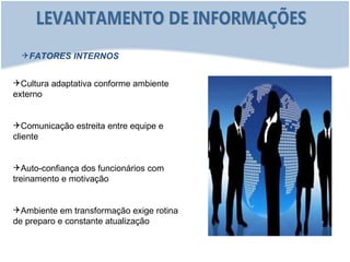 FATORES INTERNOS


Cultura adaptativa conforme ambiente
externo


Comunicação estreita entre equipe e
cliente


Auto-confiança dos funcionários com
treinamento e motivação


Ambiente em transformação exige rotina
de preparo e constante atualização
 