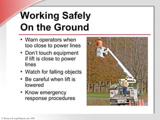 © Business & Legal Reports, Inc. 0901
• Warn operators when
too close to power lines
• Don’t touch equipment
if lift is close to power
lines
• Watch for falling objects
• Be careful when lift is
lowered
• Know emergency
response procedures
• Warn operators when
too close to power lines
• Don’t touch equipment
if lift is close to power
lines
• Watch for falling objects
• Be careful when lift is
lowered
• Know emergency
response procedures
Working Safely
On the Ground
 