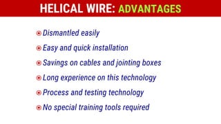 HELICAL WIRE: ADVANTAGES
 Dismantled easily
 Easy and quick installation
 Savings on cables and jointing boxes
 Long experience on this technology
 Process and testing technology
 No special training tools required
 