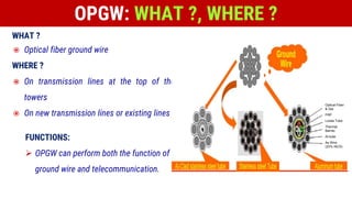 WHAT ?
 Optical fiber ground wire
WHERE ?
 On transmission lines at the top of the
towers
 On new transmission lines or existing lines
FUNCTIONS:
 OPGW can perform both the function of
ground wire and telecommunication.
OPGW: WHAT ?, WHERE ?
Optical Fiber
& Gel
FRP
Loose Tube
Thermal
Barrier
Al-tube
As Wire
(23% IACS)
 