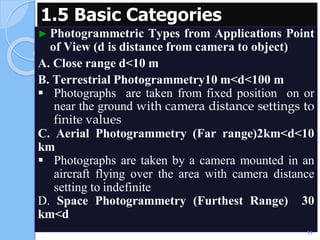 1.5 Basic Categories
► Photogrammetric Types from Applications Point
of View (d is distance from camera to object)
A. Close range d<10 m
B. Terrestrial Photogrammetry10 m<d<100 m
 Photographs are taken from fixed position on or
near the ground with camera distance settings to
finite values
C. Aerial Photogrammetry (Far range)2km<d<10
km
 Photographs are taken by a camera mounted in an
aircraft flying over the area with camera distance
setting to indefinite
D. Space Photogrammetry (Furthest Range) 30
km<d
59
 