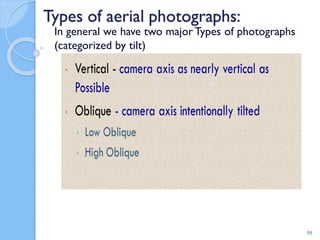 Types of aerial photographs:
In general we have two major Types of photographs
(categorized by tilt)
98
 