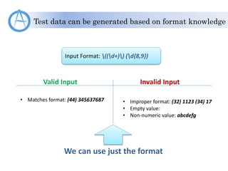 Test data can be generated based on format knowledge
Input Format: ((d+)) (d{8,9})
Valid Input Invalid Input
• Matches format: (44) 345637687 • Improper format: (32) 1123 (34) 17
• Empty value:
• Non-numeric value: abcdefg
We can use just the format
 