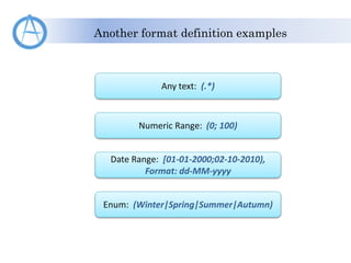 Another format definition examples
Any text: (.*)
Numeric Range: (0; 100)
Date Range: [01-01-2000;02-10-2010),
Format: dd-MM-yyyy
Enum: (Winter|Spring|Summer|Autumn)
 