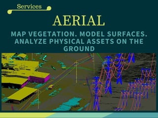 AERIAL
MAP VEGETATION. MODEL SURFACES.
ANALYZE PHYSICAL ASSETS ON THE
GROUND
Services
 