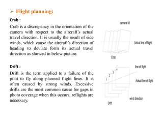  Flight planning:
Crab :
Crab is a discrepancy in the orientation of the
camera with respect to the aircraft’s actual
travel direction. It is usually the result of side
winds, which cause the aircraft’s direction of
heading to deviate form its actual travel
direction as showed in below picture.
Drift :
Drift is the term applied to a failure of the
pilot to fly along planned flight lines. It is
often caused by strong winds. Excessive
drifts are the most common cause for gaps in
photo coverage when this occurs, reflights are
necessary.
 