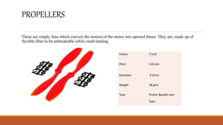 PROPELLERS
These are simply fans which convert the motion of the motor into upward thrust. They are, made up of
flexible fiber to be unbreakable while crash landing.
Inches 7 inch
Pitch 3.8 inch
Diameter 9.5mm
Weight 18 gms
Type Pusher &puller pair
Type
 