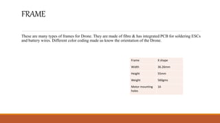 FRAME
These are many types of frames for Drone. They are made of fibre & has integrated PCB for soldering ESCs
and battery wires. Different color coding made us know the orientation of the Drone.
Frame X shape
Width 36.26mm
Height 55mm
Weight 560gms
Motor mounting
holes
16
 
