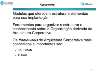 FrameworksModelos que oferecem estrutura e elementos para sua implantaçãoFerramentas para organizar e estruturar o conhecimento sobre a Organização derivado da Arquitetura CorporativaOs frameworks de Arquitetura Corporativa mais conhecidos e importantes são:ZACHMANTOGAF