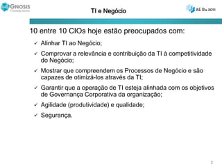 TI e Negócio10 entre 10 CIOs hoje estão preocupados com:Alinhar TI ao Negócio;Comprovar a relevância e contribuição da TI à competitividade do Negócio;Mostrar que compreendem os Processos de Negócio e são capazes de otimizá-los através da TI;Garantir que a operação de TI esteja alinhada com os objetivos de Governança Corporativa da organização;Agilidade (produtividade) e qualidade;Segurança.