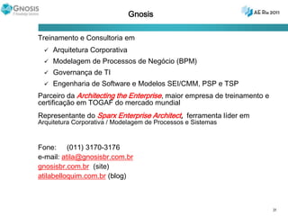 Mais informações?Curso “Arquitetura Corporativa”ConteúdoConceitos Detalhamento dos FrameworksZachman