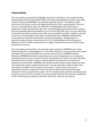 15
CONCLUSIONS
The case studies presented here highlight important sensitivities to be considered when
implementing the three-tiered NOX to NO2 conversion methodology to predict 1-hour NO2
concentrations using AERMOD. As would be expected, the Tier 1 assumption of full
conversion will always result in the highest predictions of NO2 concentrations. However,
there are some situations when use of the Tier 2 methodology will result in lower
predictions of NO2 concentrations than Tier 3 methodologies, particularly when using the
EPA-recommended default assumption of a 0.5 in-stack NO2/NOX ratio. It is also important
to note that the relative emission rate of the sources modeled can affect whether or not the
use of Tier 3 methodologies will result in considerably lower AERMOD-predicted NO2
concentrations compared with the full conversion assumption. Additionally, for a
particular ambient ozone concentration, the Tier 3 methodologies will yield a greater
difference in NO2 and NOX concentrations for higher emission rate sources than for lower
emission rate sources.
The case studies presented here also provide some cautions for AERMOD-users when
implementing Tier 3 methodologies for 1-hour NO2 modeling. Careful consideration should
be made to the in-stack NO2/NOX ratio used for all sources in an AERMOD analysis.
Maximum AERMOD predicted concentrations for a source frequently occur at receptors
located nearest the source and use of a lower, frequently more realistic, in-stack ratio than
the default of 0.5 can help to reduce model-predicted concentrations at locations of
maximum concentrations. AERMOD users should also be cautious when using ozone data
sets that do not contain complete hourly data. In many situations, nearby monitor data
may only be available for the summer ozone season. In those cases, some sort of
substitution must be completed for data void periods often with conservatively high
estimates of ozone concentrations made. Use of a constant ozone value for missing periods,
as was the case in the UT case study, can unnecessarily mute the NO2 reduction capabilities
of Tier 3 methods particularly for scenarios with lower emission rate sources.
 