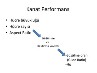 Kanat Performansı
• Hücre büyüklüğü
• Hücre sayısı
• Aspect Ratio
Sürtünme
vs
Kaldırma kuvveti

•Süzülme oranı
(Glide Ratio)
•Hız

 