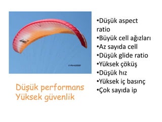 Düşük performans
Yüksek güvenlik

•Düşük aspect
ratio
•Büyük cell ağızları
•Az sayıda cell
•Düşük glide ratio
•Yüksek çöküş
•Düşük hız
•Yüksek iç basınç
•Çok sayıda ip

 