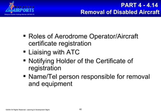 PART 4 - 4.14  Removal of Disabled Aircraft Roles of Aerodrome Operator/Aircraft certificate registration Liaising with ATC Notifying Holder of the Certificate of registration Name/Tel person responsible for removal and equipment   