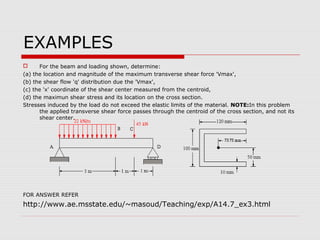 EXAMPLES
For the beam and loading shown, determine:
(a) the location and magnitude of the maximum transverse shear force 'Vmax',
(b) the shear flow 'q' distribution due the 'Vmax',
(c) the 'x' coordinate of the shear center measured from the centroid,
(d) the maximun shear stress and its location on the cross section.
Stresses induced by the load do not exceed the elastic limits of the material. NOTE:In this problem
the applied transverse shear force passes through the centroid of the cross section, and not its
shear center.


FOR ANSWER REFER

http://www.ae.msstate.edu/~masoud/Teaching/exp/A14.7_ex3.html

 