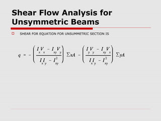 Shear Flow Analysis for
Unsymmetric Beams


SHEAR FOR EQUATION FOR UNSUMMETRIC SECTION IS

 