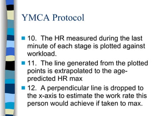 YMCA Protocol 10.  The HR measured during the last minute of each stage is plotted against workload. 11.  The line generated from the plotted points is extrapolated to the age-predicted HR max 12.  A perpendicular line is dropped to the x-axis to estimate the work rate this person would achieve if taken to max. 