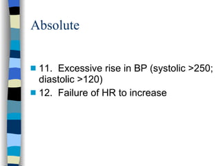 Absolute 11.  Excessive rise in BP (systolic >250; diastolic >120)  12.  Failure of HR to increase 
