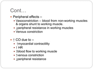 Cont…
 Peripheral effects –
 Vasoconstriction – blood from non-working muscles
& organs shunt to working muscle.
 ↓peripheral resistance in working muscles
 Venous constriction
 ↑ CO due to –
 ↑myocardial contractility
 ↑ HR
 ↑blood flow to working muscle
 ↑venous constriction
 ↓peripheral resistance
 