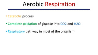 •Catabolic process
•Complete oxidation of glucose into CO2 and H2O.
•Respiratory pathway in most of the organism.
Aerobic Respiration
 