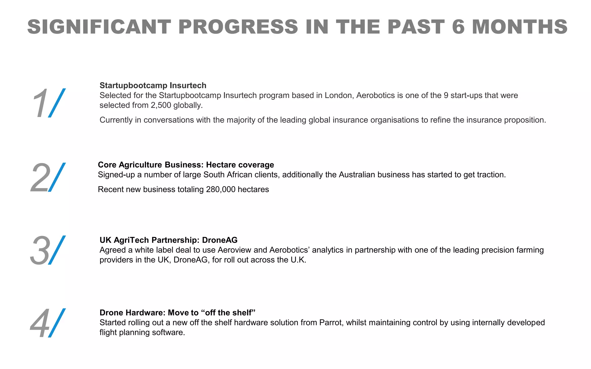SIGNIFICANT PROGRESS IN THE PAST 6 MONTHS
Startupbootcamp Insurtech
Selected for the Startupbootcamp Insurtech program based in London, Aerobotics is one of the 9 start-ups that were
selected from 2,500 globally.
Currently in conversations with the majority of the leading global insurance organisations to refine the insurance proposition.
1/
Core Agriculture Business: Hectare coverage
Signed-up a number of large South African clients, additionally the Australian business has started to get traction.
Recent new business totaling 280,000 hectares2/
UK AgriTech Partnership: DroneAG
Agreed a white label deal to use Aeroview and Aerobotics’ analytics in partnership with one of the leading precision farming
providers in the UK, DroneAG, for roll out across the U.K.3/
4/
Drone Hardware: Move to “off the shelf”
Started rolling out a new off the shelf hardware solution from Parrot, whilst maintaining control by using internally developed
flight planning software.
 