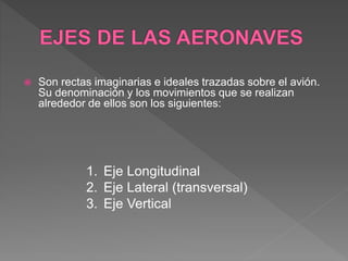  Son rectas imaginarias e ideales trazadas sobre el avión.
Su denominación y los movimientos que se realizan
alrededor de ellos son los siguientes:
1. Eje Longitudinal
2. Eje Lateral (transversal)
3. Eje Vertical
 