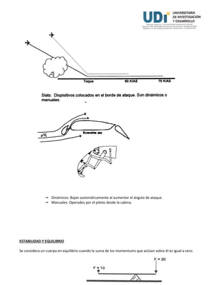  Dinámicos: Bajan automáticamente al aumentar el ángulo de ataque.
 Manuales: Operados por el piloto desde la cabina.
ESTABILIDAD Y EQUILIBRIO
Se considera un cuerpo en equilibrio cuando la suma de los momentums que actúan sobre él es igual a cero.
 