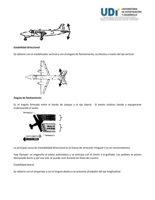 Estabilidad direccional
Se obtiene con el estabilizador vertical y con el ángulo de flechamiento; se efectúa a través del eje vertical.
Angulo de flechamiento
Es el ángulo formado entre el borde de ataque y el eje lateral. El viento relativo tiende a equipararse
enderezando el avión.
La principal causa de inestabilidad direccional es la fuerza de atracción irregular ( no en monomotores)
Yaw Damper: se engancha al piloto automático y se anticipa con el timón a la guiñada. Los pedales se ponen
demasiado duros y por eso solo se puede usar durante las fases de crucero.
Estabilidad lateral
Se obtiene con el empenaje y con el ángulo diedro y se presenta alrededor del eje longitudinal.
 