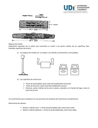 Órganos de mando
Dispositivos operados por el piloto que transmiten su acción a las partes móviles de las superficies fijas,
llamadas superficies de control.
a) Los órganos de mando son: Un bastón, una cabrilla o semivolante y unos pedales.
b) Las superficies de control son:
 Timón de profundidad: parte móvil del estabilizador horizontal.
 Timón de dirección: parte móvil del estabilizador vertical.
 Alerones: partes móviles de las alas o planos, ubicados en el borde de fuga y hacia la
punta de las alas.
Los movimientos que se producen en una aeronave son producto de momentums aerodinámicos.
Movimiento de cabeceo
 Bastón o cabrilla atrás  timón de profundidad sube, avión hacia arriba.
 Bastón o cabrilla adelante  timón de profundidad baja, avión hacia abajo.
 