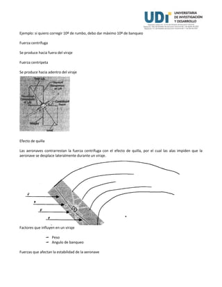 Ejemplo: si quiero corregir 10º de rumbo, debo dar máximo 10º de banqueo
Fuerza centrífuga
Se produce hacia fuera del viraje
Fuerza centrípeta
Se produce hacia adentro del viraje
Efecto de quilla
Las aeronaves contrarrestan la fuerza centrífuga con el efecto de quilla, por el cual las alas impiden que la
aeronave se desplace lateralmente durante un viraje.
Factores que influyen en un viraje
 Peso
 Angulo de banqueo
Fuerzas que afectan la estabilidad de la aeronave
 