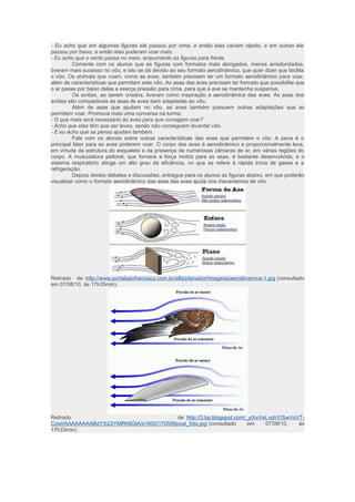 - Eu acho que em algumas figuras ele passou por cima, e então elas caíram rápido, e em outras ele 
passou por baixo, e então elas puderam voar mais. 
- Eu acho que o vento passa no meio, empurrando as figuras para frente. 
Comente com os alunos que as figuras com formatos mais alongados, menos arredondados, 
tiveram mais sucesso no vôo, e isto se dá devido ao seu formato aerodinâmico, que quer dizer que facilita 
o vôo. Os animais que voam, como as aves, também precisam ter um formato aerodinâmico para voar, 
além de características que permitam este vôo. As asas das aves precisam ter formato que possibilite que 
o ar passe por baixo delas e exerça pressão para cima, para que a ave se mantenha suspensa. 
Os aviões, ao serem criados, tiveram como inspiração a aerodinâmica das aves. As asas dos 
aviões são comparáveis às asas de aves bem adaptadas ao vôo. 
Além de asas que ajudam no vôo, as aves também possuem outras adaptações que as 
permitem voar. Promova mais uma conversa na turma: 
- O que mais será necessário às aves para que consigam voar? 
- Acho que elas têm que ser leves, senão não conseguem levantar vôo. 
- E eu acho que as penas ajudam também. 
Fale com os alunos sobre outras características das aves que permitem o vôo. A pena é o 
principal fator para as aves poderem voar. O corpo das aves é aerodinâmico e proporcionalmente leve, 
em virtude da estrutura do esqueleto e da presença de numerosas câmaras de ar, em várias regiões do 
corpo. A musculatura peitoral, que fornece a força motriz para as asas, é bastante desenvolvida, e o 
sistema respiratório atinge um alto grau de eficiência, no que se refere à rápida troca de gases e a 
refrigeração. 
Depois destes debates e discussões, entregue para os alunos as figuras abaixo, em que poderão 
visualizar como o formato aerodinâmico das asas das aves ajuda nos mecanismos de vôo. 
Retirado de: http://www.portalsaofrancisco.com.br/alfa/planador/imagens/aerodinamica-1.jpg (consultado 
em 07/08/10, às 17h35min). 
Retirado de: http://3.bp.blogspot.com/_yiXxVeLvphY/SwVoVT-CzwI/ 
AAAAAAAABdY/b22YMRh6GtA/s1600/170599post_foto.jpg (consultado em 07/08/10, às 
17h33min). 
