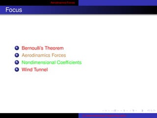 Aerodinamics Forces
Focus
1 Bernoulli’s Theorem
2 Aerodinamics Forces
3 Nondimensional Coefﬁcients
4 Wind Tunnel
c www.mechanical–enginering.name
 