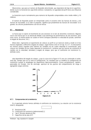 I.U.A. Apunte Materia : Aerodinámica Página II-12
Profesor : Ing. Gustavo H. Scarpin Año : 2000
Observemos, que para un número de Reynolds determinado, que dependerá del tipo de la superficie,
donde ocurre la transición de capa límite laminar a turbulenta, la rugosidad del perfil tiene una influencia
considerable.
La transición ocurre normalmente para números de Reynolds comprendidos entre medio millón y 10
millones.
El número de Reynolds puede ser interpretado como el cociente entre las fuerzas de inercia, y las
fuerzas de viscosidad, si su valor es pequeño, significa que predominan las fuerzas de viscosidad; si es
grande, los efectos predominantes son los de inercia.
II.7 Resistencia
La fuerza que se opone al movimiento de una aeronave en el aire de denomina resistencia. Algunas
veces esta fuerza que es un obstáculo debido a que disminuye las performances de una aeronave, pero
otras veces, la misma puede ser usada en forma ventajosa (disminuir la velocidad de picada, aumentar
el ángulo de descenso, etc.).
Ahora bien, regresemos al experimento de colocar un perfil en un túnel de viento y medir en él las
fuerzas originadas a diferentes ángulos de ataque, según hemos visto en el Cap. II.2.3.1. Si efectuamos
los mismos pasos seguidos para obtener las variables de las cuales dependía la sustentación, para
conocer las variables de las cuales depende la resistencia D, veríamos que las fuerzas de resistencia D
cambia con la velocidad, densidad y ángulo de ataque, pero que el coeficiente de resistencia CD,
definido como:
SqCD⋅=
sólo dependería del ángulo de ataque, y que la curva de la Figura II.15 una vez construido el avión,
sería fija, siempre que no se varíe la configuración. Se considera que se modifica la configuración de
resistencia cuando se despliegan los dispositivos hipersustentadores, frenos aerodinámicos, spoilers,
paracaídas de frenado, tren de aterrizaje, apertura de las puertas del compartimento de carga o
agregando cargas externas.
Figura II.15
II.7.1 Componentes de la resistencia
En el apartado anterior hemos definido el coeficiente de resistencia y su relación con la resistencia
total D, despejando:
SqCDD⋅⋅=
D : Resistencia [N]
CD : Coeficiente de resistencia (adimensional) [-]
q : ½⋅ρ⋅V2
(Presión dinámica) [Pa]
S : Superficie de las alas [m2
]
 