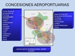 Primer Grupo de
Aeropuertos de
Provincia
concesionado
•Tumbes
•Talara
•Chachapoyas
•Iquitos
•Tarapoto
•Pucallpa
•Trujillo
•Anta
•Cajamarca
•Chiclayo
•Piura
•Pisco
Segundo Grupo de
Aeropuertos de Provincia
•Arequipa
•Ayacucho
•Andahuaylas
•Juliaca
•Puerto Maldonado
•Tacna
CONCESIONES AEROPORTUARIAS
AEROPUERTO INTERNACIONAL JORGE
CHAVEZ
 