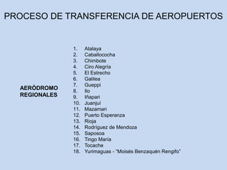 1. Atalaya
2. Caballococha
3. Chimbote
4. Ciro Alegría
5. El Estrecho
6. Galilea
7. Gueppi
8. Ilo
9. Iñapari
10. Juanjuí
11. Mazamari
12. Puerto Esperanza
13. Rioja
14. Rodríguez de Mendoza
15. Saposoa
16. Tingo María
17. Tocache
18. Yurimaguas - “Moisés Benzaquén Rengifo”
AERÓDROMO
REGIONALES
PROCESO DE TRANSFERENCIA DE AEROPUERTOS
 