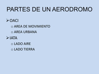 OACI
o AREA DE MOVIMIENTO
o AREA URBANA
IATA
o LADO AIRE
o LADO TIERRA
PARTES DE UN AERODROMO
 