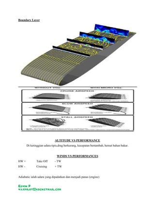 Boundary Layer 
ALTITUDE VS PERFORMANCE 
Di ketinggian udara tipis,drag berkurang, kecepatan bertambah, hemat bahan bakar. 
WINDS VS PERFORMANCES 
HW + Take Off - TW 
HW - Cruising + TW 
Adiabatic ialah udara yang dipadatkan dan menjadi panas (engine) 
Edwin P 
waxpilot@rocketmail.com 
