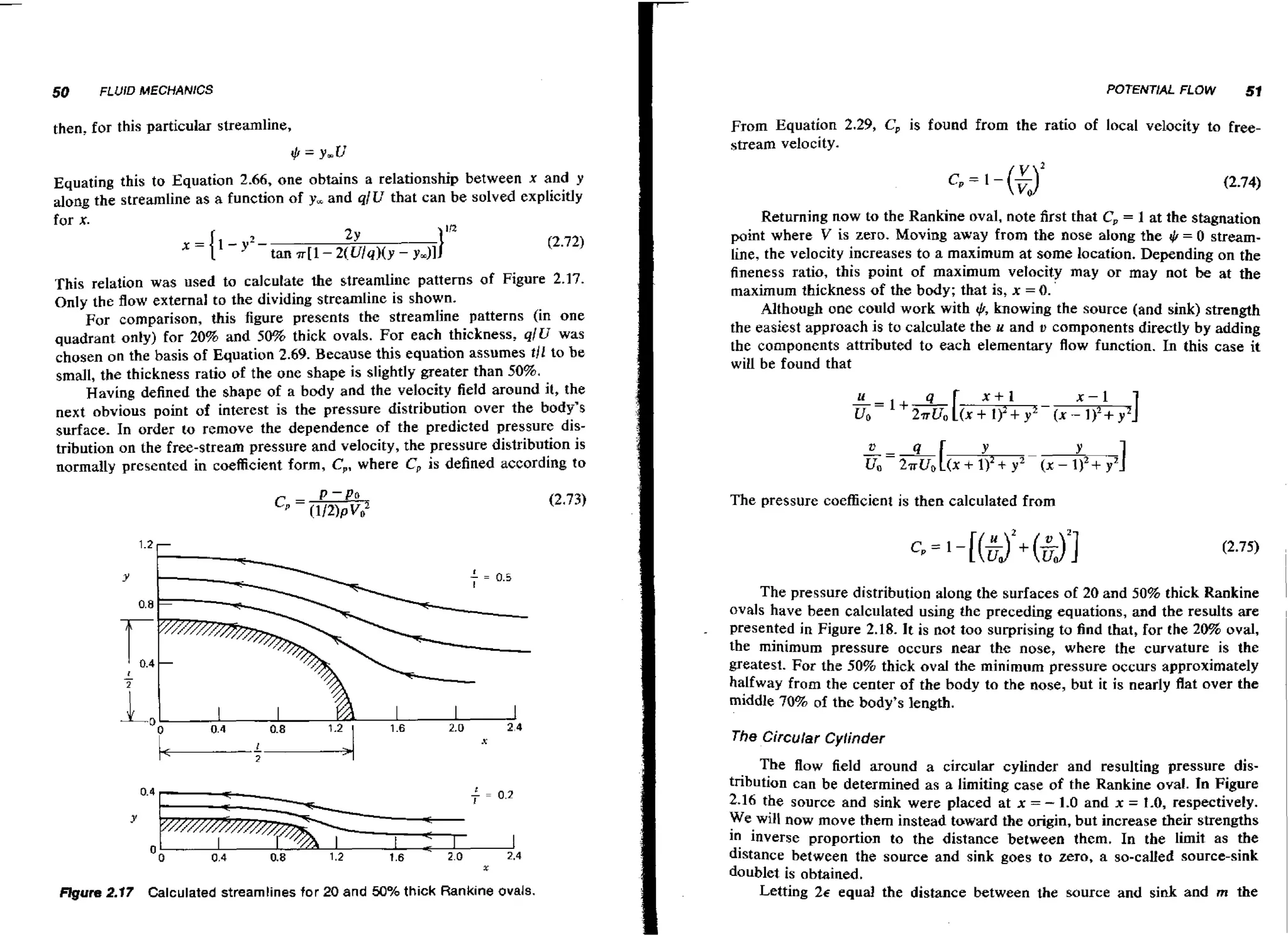 50

I

FLUID MECHANICS

$=ymU

Equating this to Equation 2.66, one obtains a relationship between x and y
along the streamline as a function of y, and q1U that can be solved explicitly
for x.

{1-y

2

-

Returning now to the Rankine oval, note first that C, = 1 at the stagnation
point where V is zero. Moving away from the nose along the t = 0 stream,
h
line, the velocity increases to a maximum at some location. Depending on the
fineness ratio, this point of maximum velocity may or may not be at the
maximum thickness of the body; that is, x = 0.
Although one could work with knowing the source (and sink) strength
the easiest approach is to calculate the u and v components directly by adding
the components attributed to each elementary flow function. In this case it
wit1 be found that

ZY
tan n ( l - 4LilqHy - y.11

This relation was used to calculate the streamline patterns of Figure 2.17.
Only the flow external to the dividing streamline is shown.
For comparison, this figure presents the streamline patterns (in one
quadrant only) for 20% and 50% thick ovals. For each thickness, q/U was
chosen on the basis of Equation 2.69. Because this equation assumes tll to be
small, the thickness ratio of the one shape is slightly greater than 50%.
Having defined the shape of a body and the velocity field around it, the
next obvious point of interest is the pressure distribution over the body's
surface. In order to remove the dependence of the predicted pressure distribution on the free-stream pressure and velocity, the pressure distribution is
normally presented in coefficient form, C,, where C, is defined according to

+,

I

I

I

mure 2.17

Calculated streamlines for 20 and 50% thick Rankine ovals.

51

From Equation 2.29, C, is found from the ratio of local velocity to freestream velocity.

then, for this particular streamline,

x=

POTENTIAL FLOW

The pressure coefficient is then calculated from

The pressure distribution along the surfaces of 20 and 50% chick Rankine
ovals have been calculated using the preceding equations, and the results are
presented in Figure 2.18. It is dot too surprising to find that, for the 20% oval,
the minimum pressure occurs near the nose, where the curvature is the
greatest. For the 50% thick oval the minimum pressure occurs approximately
halfway from the center of the body to the nose, but it is nearly flat over the
middle 70% of the body's length.
The Circular Cylinder

The flow field around a circular cylinder and resulting pressure distribution can be determined as a limiting case of the Rankine oval. In Figure
2.16 the source and sink were placed at x = - 1.0 and x = 1.0, respectively.
We will now move them instead toward the origin, but increase their strengths
in inverse proportion to the distance between them. In the limit as the
distance between the source and sink goes to zero, a so-called source-sink
doublet is obtained.
Letting 26 equal the distance between the source and sink and m the

 