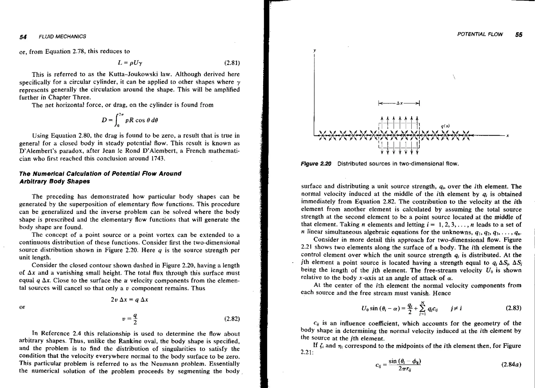 54

55

PUTENTAL FLOW

FLUID MECHANICS

or, from Equation 2,78, this reduces to

This is referred to as the Kutta-Joukowski law. Although derived here
specifically for a circular cylinder, it can be applied to other shapes where
represents generally the circulation around the shape. This will be amplified
further in Chapter Three.
The net horizontal force, or drag, on the cylinder is found from

Using Equation 2.80, the drag is found to be zero, a result that is true in
general for a closed body in steady potential Aow. This result is known as
D'Alembert's paradox, after Jean le Rond D'Alembert, a French mathematician who first reached this canclusion around 1743.

Figure 2.20

The Numerical Calculation of Potential Flow Around
Arbitrary Body Shapes

The preceding has demonstrated how particular body shapes can be
generated by the superposition of elementary flow functions. This procedure
can be generalized and the inverse problem can be solved where the body
shape is prescribed and the elementary flow functions that will generate the
body shape are found.
The concept of a point source or a point vortex can be extended to a
continuous distribution of these functions. Consider first the two-dimensional
source distribution shown in Figure 2.20. Here q is the source strength per
unit length.
Consider the closed contour shown dashed in Figure 2.20, having a length
of Ax and a vanishing small height. The total flux through this surface must
equal q Ax. Close to the surface the u velocity components from the elemental sources will cancel so that only a u component remains. Thus

In Reference 2.4 this relationship is used to determine the flow about
arbitrary shapes. Thus, unlike the Rankine oval, the body shape is specified,
and the problem is to find the distribution of singularities to satisfy the
condition that the velocity everywhere normal to the body surface to be zero.
This particular problem is referred to as the Neumann problem. Essentially
the numerical solution of the problem proceeds by segmenting the body

Distributed sources in two-dimensional flow.

surface and distributing a unit source strength, q,, over the ith element. The
normal velocity induced at the middle of the ith element by q; is obtained
immediately from Equation 2.82. The contribution to the velocity at the ith
element from another element is calculated by assuming the total source
strength at the second element to be a point source located at the middle of
that element. Taking n: elements and letting i = 1 , 2 , 3 , . . . ,n leads to a set of
n linear simultaneous algebraic equations for the unknowns, q , , q,, q3, , , q,.
Consider in more detail this approach for two-dimensional flow. Figure
2.21 shows two elements along the surface of a body. The ith element is the
control element over which the unit source strength q i is distributed. At the
jth element a point source is located having a strength equal to q, AS,, ASi
being the length of the jth element. The free-stream velocity Uo is shown
relative to the body x-axis at an angle of attack of a.
At the center of the ith element the normal velocity components from
each source and the free stream must vanish. Hence

..

-

ci, is an influence coefficient, which accounts for the geometry of the
body shape in determining the normal velocity induced at the ith element by
the source at the jth element.
If i i and qi correspond to the midpoints of the ith element then, for Figure

2.21:
C..
=

sin IBi
2aci
-

 