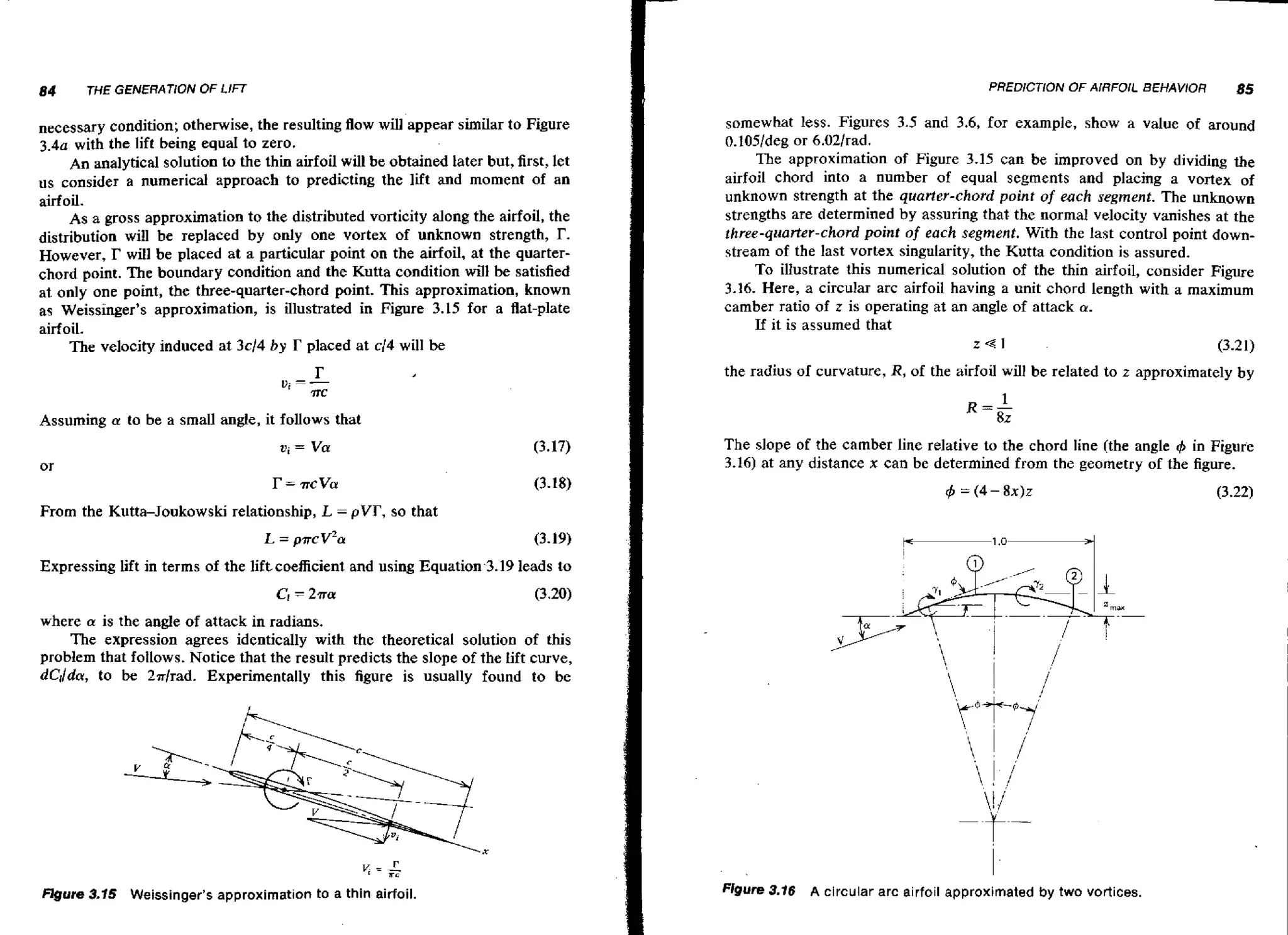 84

PREDICTION OF AIRFOIL BEHAVlOR

THE GENERATION OF LlF7

necessary condition; otherwise, the resulting flow will appear similar to Figure
3.4~
with the lift being equa1 to zero.
An analytical solution to the thin airfoil will be obtained later but, first, let
us consider a numerical approach to predicting the lift and moment of an
airfoil.
As a gross approximation to the distributed vorticity along the airfoil, the
distribution will be replaced by only one vortex of unknown strength, r.
However, I? will be placed at a particular point on the airfoil, at the quarterchord point. The boundary condition and the Kutta condition will be satisfied
at only one point, the three-quarter-chord point. This approximation, known
as Weissinger's approximation, is illustrated in Figure 3.15 for a flat-plate
airfoil.
The velocity induced at 344 by r placed at c/4 will be

85

somewhat less. Figures 3.5 and 3.6, for example, show a value of around
0.105ldeg or 6.021rad.

The approximation of Figure 3.15 can be improved on by dividing the
airfoil chord into a number of equal segments and placing a vortex of
unknown strength at the quarter-chord point of each segment. The unknown
strengths are determined by assuring that-the normal velocity vanishes at the
three-quarter-chard point of each segment. With the last control point downstream of the last vortex singularity, the Kutta condition is assured.
To illustrate this numerical solution of the thin airfoil, consider Figwe
3.16. Here, a circular arc airfoil having a unit chord length with a maximum
camber ratio of z is operating at an angle of attack a.
If it is assumed that
z-el
(3.21)

the radius of curvature, R, of the airfoil will be related to z approximately by

Assuming a to be a small angle, it follows that

The slope of the camber line relative to the chord line (the angle I$ in Figure
3.16) at any distance x can be determined from the geometry of the figure.
From the Kutta-Joukowski relationship, L

-

#I = (4 - 8x)z
pVT, so that

Expressing lift in terms of the liftcoefficient and using Equation-3.19 leads to
where a is the angle of attack in radians.
The expression agrees identically with the theoretical solution of this
problem that follows. Notice that the result predicts the slope of the iift curve,
dC,/da, to be 2lrlrad. Experimentally this figure is usually found to be

y

FEgure 3.15

=

1
T L

Weissinger's approximation to a thin airfoil.

Figure 3.16

A circular arc airfoil approximated by two vortices.

(3.22)

 