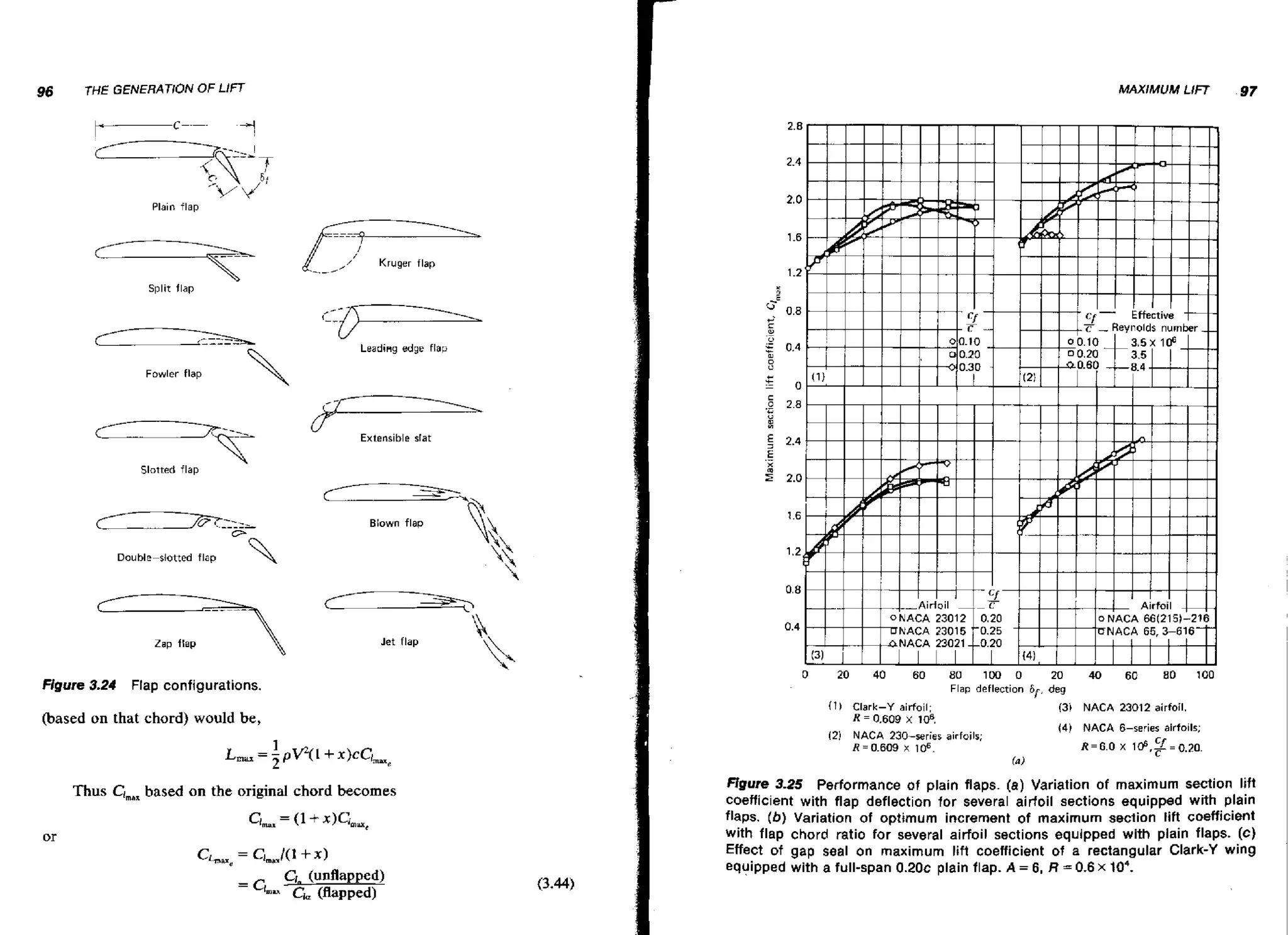 96

THE GENERATION

OF LIFT
2.8

2.4

ar
-r

Plain flap

-----

--_,
Kruger

-

Split flap

2.0
16
.

flap

1.2

:
:
cE

0.8

$

w
.u

5

0.4

O
D

+

z
E
.-

0
2.8

u

C

Extensible slat

*
i

5

2.4

E
.X

Slotted flap

2

cC

Y T-L::~
O

Double-slotted

own

flap

20
.
1.6

1.2

flap

0.8

a

Zap flap

Figure 3.24

0.4
Jet flap

0

Flap configurations.

20

40

60

80

100

0

20

40

60

8D

100

Flap deflection S f , deg

( 1 1 Clark-Y airfoil;
11 = 0.609 x 108.
(2) NACA 230-series airfoils;

(based on that chord) would be,

(3) NACA 23012 airfoil.
(4) NACA &series

airfoils;

R=6.O x 106,$=0.20.

R=0.609 x lo6.
(ni

Thus Cfm,
based on the original chord becomes

Chae = Clrnm/(~
+ XI

c (unflapped)
,
=m
'-

Cia (flapped)

ffgure 3-25 Performance of plain flaps. (a) Variation of maximum section lift
coefficient with flap deflection for several airfoil sections equipped with plain
flaps. ( b ) Variation of optimum increment of maximum section lift coefficient
with flap chord ratio for several airfoil sections equipped with plain flaps. [c)
Effect of gap seal on maximum lift coefficient of a rectangular Clark-Y wing
equipped with a full-span 0.20~
plain flap. A = 6, R = 0.6 x lo4.

 