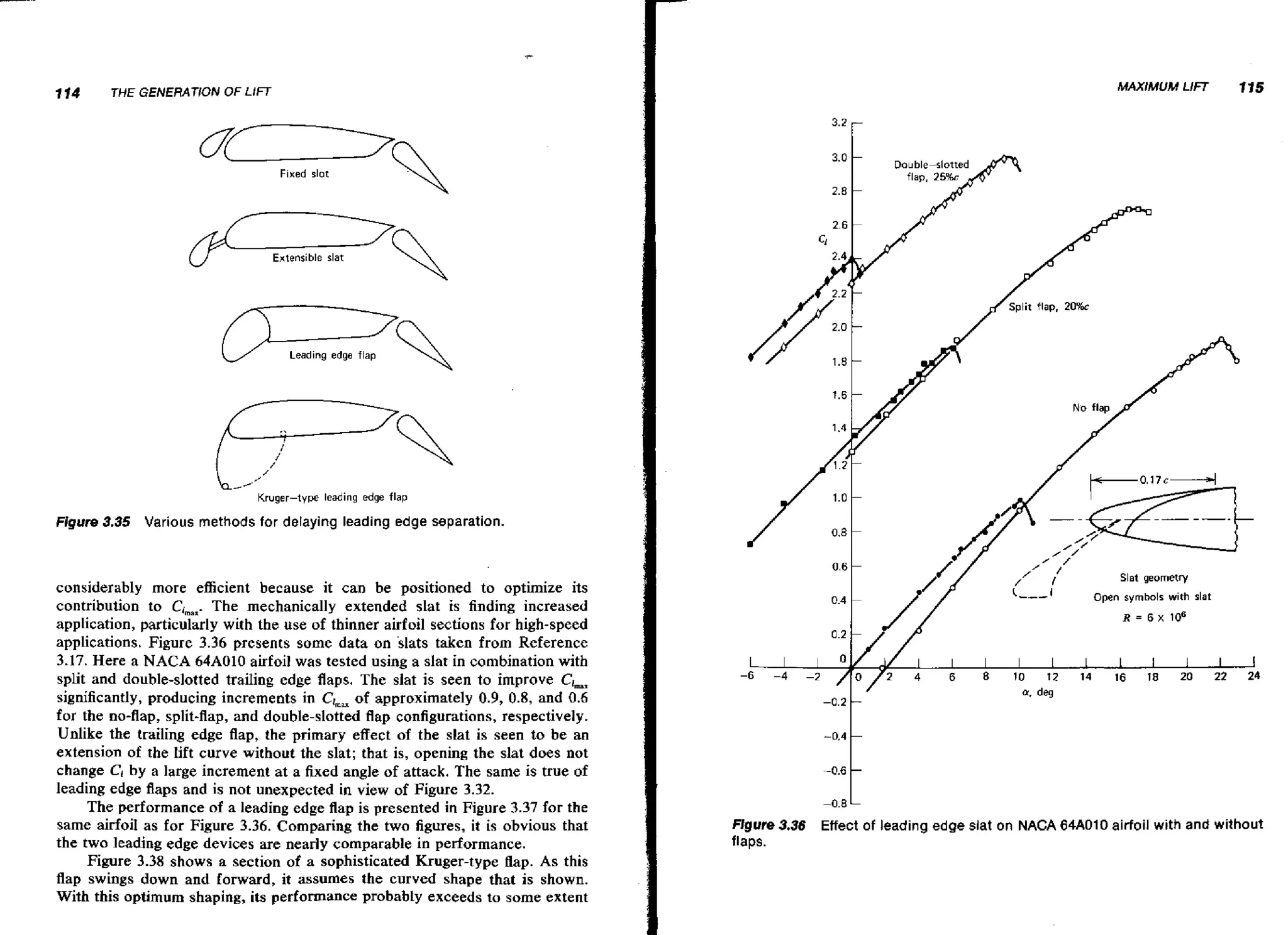 114

THE GENERATION OF L I / T

-O

Fixed slot




Extensible slat

J2 I

flap, 20%

/split

Leading edge flap

Kruger-type

leading edge flap

Figure 3.35 Various methods for delaying leading edge separation.

considerably more efficient because it can be positioned to optimize its
contribution to Cimax.
The mechanically extended slat is finding increased
application, particularly with the use of thinner airfoil sections for high-speed
applications. Figure 3.36 presents some data on 'slats taken from Reference
3.17. Here a NACA 64A010 airfoil was tested using a slat in combination with
split and double-slotted traiIing edge flaps. The slat is seen to improve Clmx
significantly, producing increments in Clmm approximately 0.9, 0.8, and 0.6
of
for the no-flap, split-flap, and double-slotted flap configurations, respectively.
Unlike the trailing edge flap, the primary effect of the slat is seen to be an
extension of the lift curve without the slat; that is, opening the slat does not
change Ci by a large increment a t a fixed angle of attack. The same is true of
leading edge flaps and is not unexpected in view of Figure 3.32.
The performance of a leading edge flap is presented in Figure 3.37 for the
same airfoiI as for Figure 3.36. Comparing the two figures, it is obvious that
the two leading edge devices are nearly comparable in performance.
Figure 3.38 shows a section of a sophisticated Kruger-type flap. As this
flap swings down and forward, it assumes the curved shape that is shown.
With this optimum shaping, its performance probably exceeds to some extent

/

'

I

'

Slat geometry

'---I

Open symbols with slat

R = 6 x l@

I
0 f 2

-0.8

4

6

I

I

I

I

I

1

I

I

8

10

12

14

16

18

20

22

24

L

Ffgure 3 3 Effect of leading edge slat on NACA 64A010 airfoil with and without
.6
flaps.

 