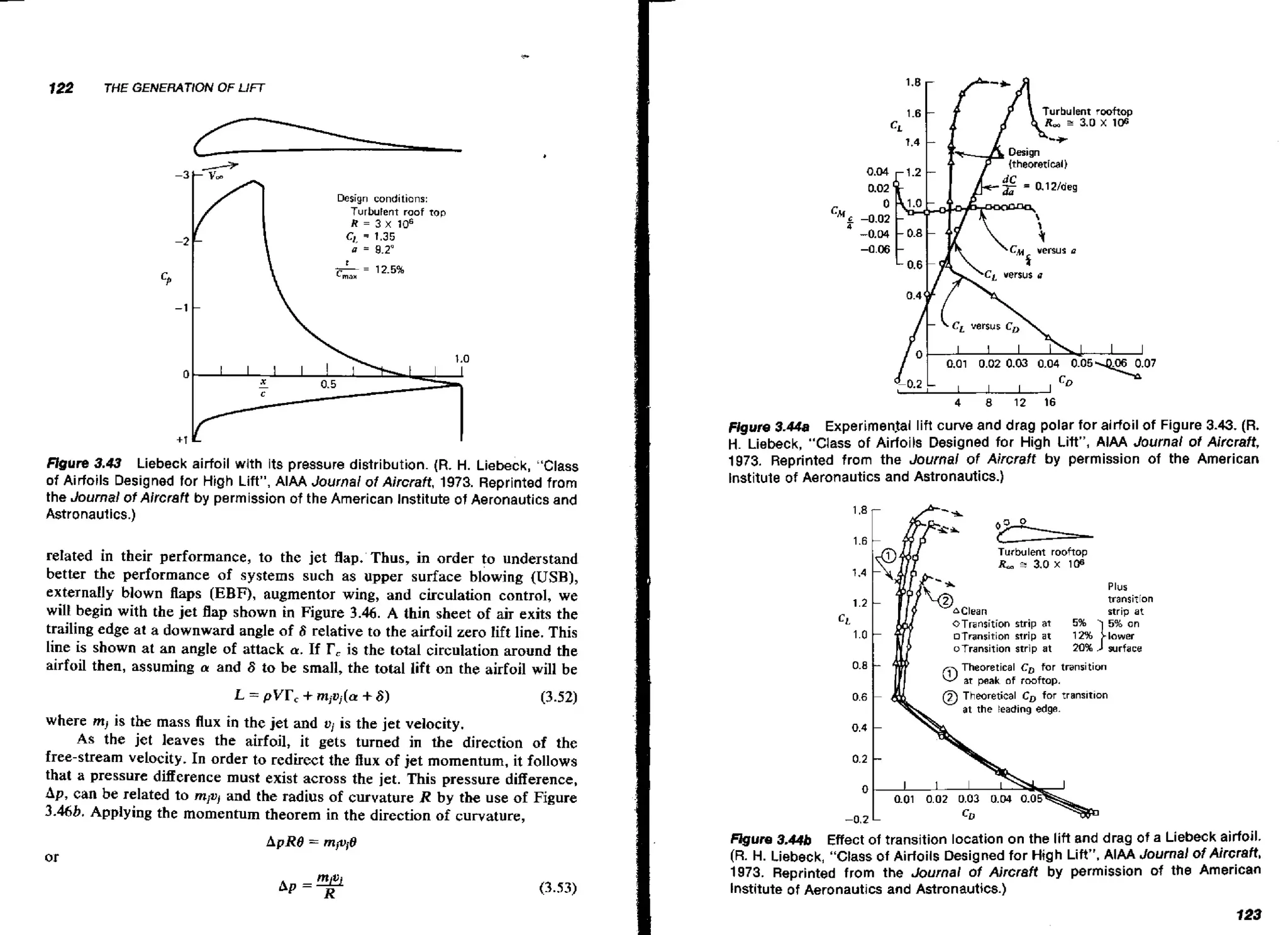 122

THE GENERATION OF L I i 7

Design conditions:
Turbufent roof rop
R = 3 x I
d

Figure 3.43 Liebeck airfoil with its pressure distribution. (R. H. Liebeck, "Class
of Airfoils Designed for High Lift", AlAA Journal ol Aircraft, 1973. Reprinted from
the Journal of Aircraft by permission of the American lnstitute of Aeronautics and
Astronaulics.)

related in their performance, to the jet flap. Thus, in order to understand
better the performance of systems such as upper surface blowing (USB),
externally blown flaps (EBF), augmentor wing, and circulation control, we
will begin with the jet flap shown in Figure 3.46. A thin sheet of air exits the
trailing edge at a downward angle of 6 relative to the airfoil zero lift line. This
line is shown at an angle of attack a. If F, is the total circulation around the
airfoil then, assuming a and 6 to be small, the total lift on the airfoil will be

Figure 3.448 Experimenfal lift curve and drag polar for airfoil of Figure 3.43. (R.
H. Liebeck, "Class of Airfoils Designed for High Litt", AlAA Journal of Aircraft,
1973. Reprinted from the Journal of Aircraft by permission of the American
Institute of Aeronautics and Astronautics.)

Turbulent rooftop
R , z 3.0 x 10s

1;:



Plus
transiTion
R r i at
~

OTransition strip at
ofransition nrip a t
transition strip a t

@ Theoretical zf;;.transition
CD for transltlon

at the leading edge.

where mj is the mass flux in the jet and ui is the jet velocity.
As the jet leaves the airfoil, it gets turned in the direction of the
free-stream velocity. In order to redirect the flux of jet momentum, it follows
that a pressure difference must exist across the jet. This pressure difference,
Ap, can be related to mini and the radius of curvature R by the use of Figure
3.46b. Appiying the momentum theorem in the direction of curvature,

0.4

02
.

mure 3.44b Effect of transition location on the lift and drag of a Liebeck airfoil.
(R. H. Liebeck, "Class of Airfoils Designed for High Lift", AlAA Journal of Aircraft,
1973. Reprinted from the Journal of Aircraft by permission of the American
Institute of Aeronautics and Astronautics.)

 